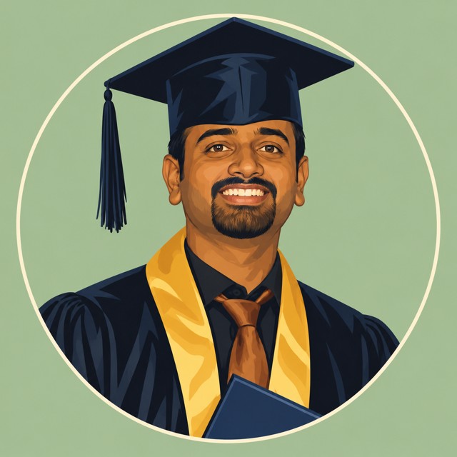 Illustrated portrait of Manoj at engineering graduation in Dubai