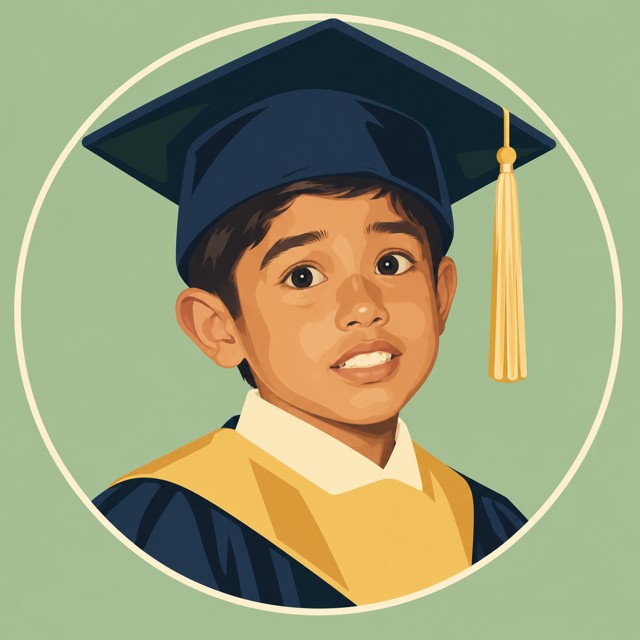 Illustrated childhood portrait of Manoj at school graduation in Jakarta